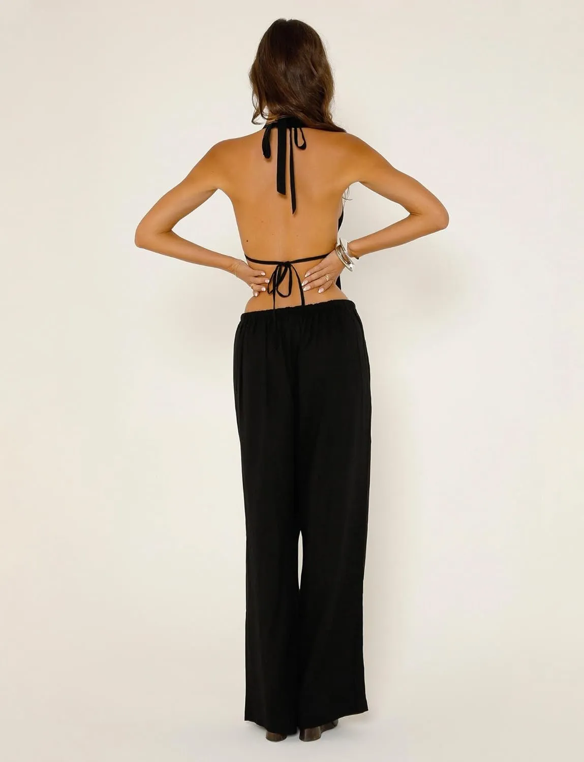 Adoeren Women 2 Piece Outfits Tie Backless Halter Tank Top Wide Leg Pants Sets Casual Y2k Pants Matching Suit