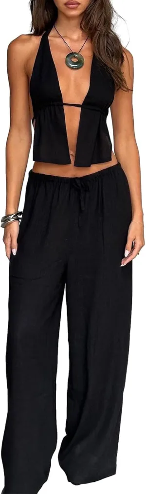 Adoeren Women 2 Piece Outfits Tie Backless Halter Tank Top Wide Leg Pants Sets Casual Y2k Pants Matching Suit