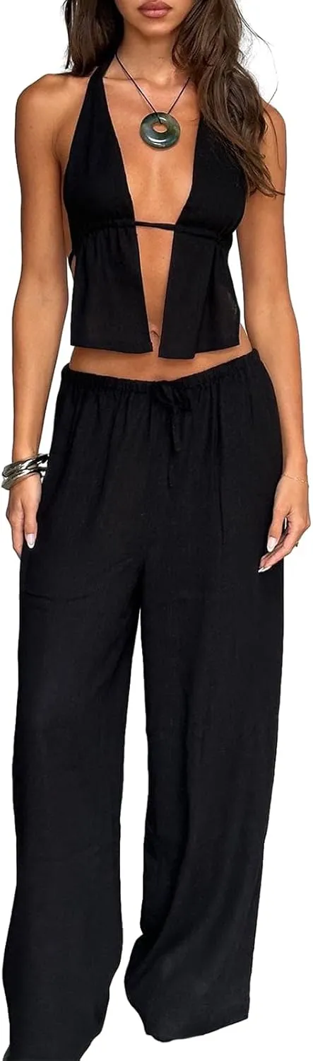 Adoeren Women 2 Piece Outfits Tie Backless Halter Tank Top Wide Leg Pants Sets Casual Y2k Pants Matching Suit