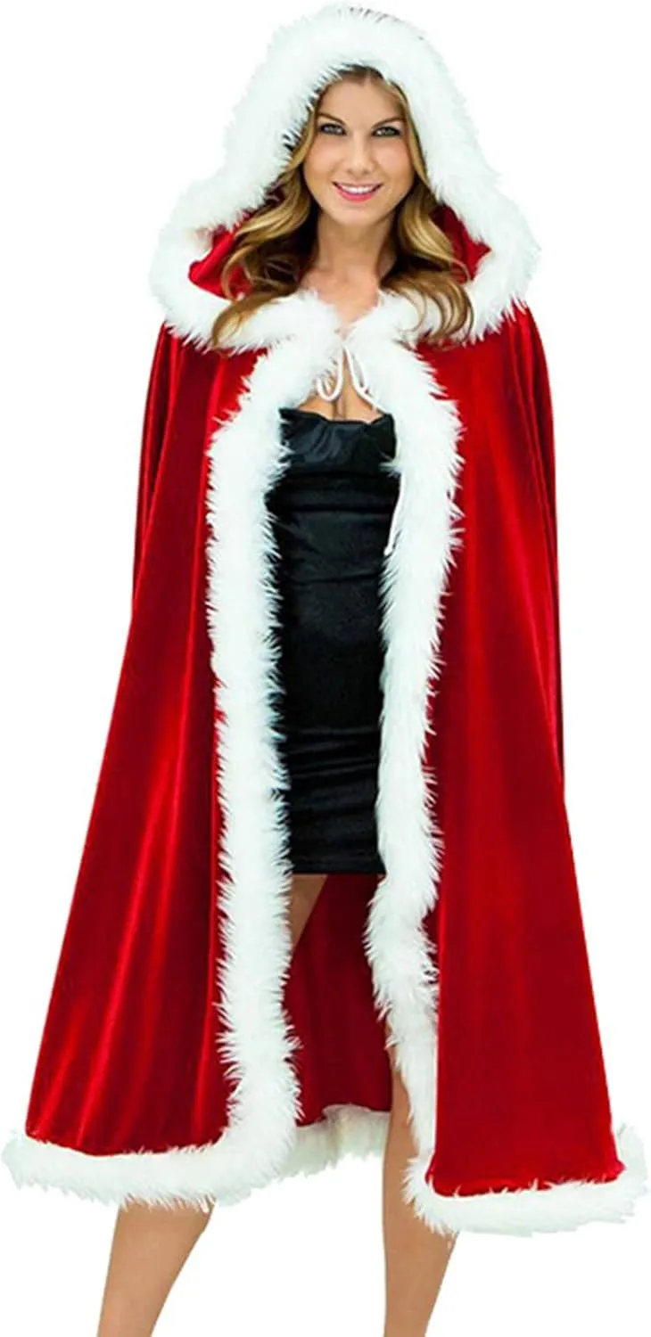 Adult Plush Christmas Santa Cape Velvet Hooded Cosplay Costume Cloak Little Red Riding Hood Masquerade Party Cape