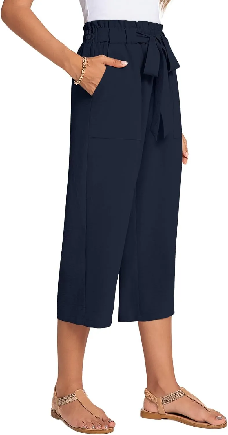 ALIGADUO Womens Capri Pants Casual Wide Leg Pants Loose High Waist Lounge Pants with Pockets