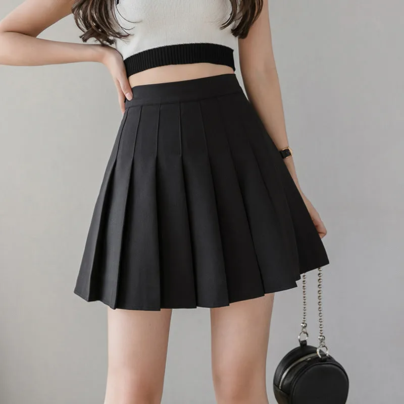 All-Matching Solid Colored Pleated Student A-Line Hip Flattering Anti-Exposed High Waist Women Summer Skirt