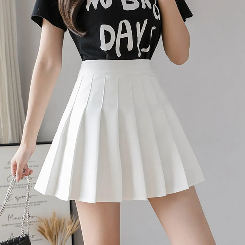 All-Matching Solid Colored Pleated Student A-Line Hip Flattering Anti-Exposed High Waist Women Summer Skirt