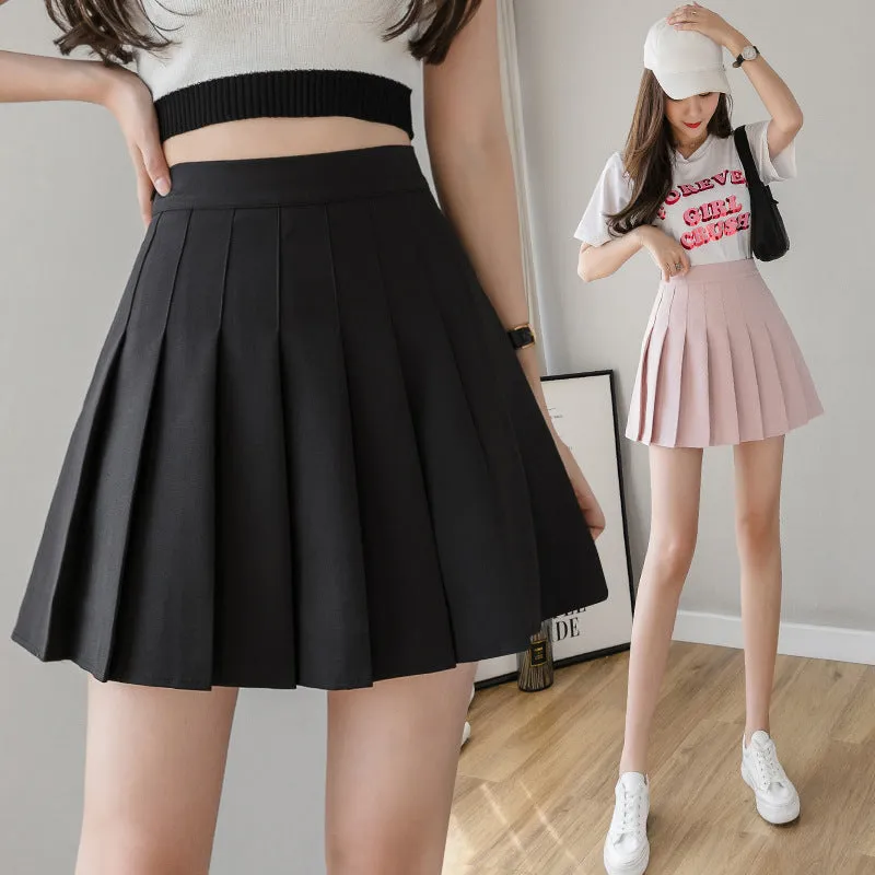 All-Matching Solid Colored Pleated Student A-Line Hip Flattering Anti-Exposed High Waist Women Summer Skirt