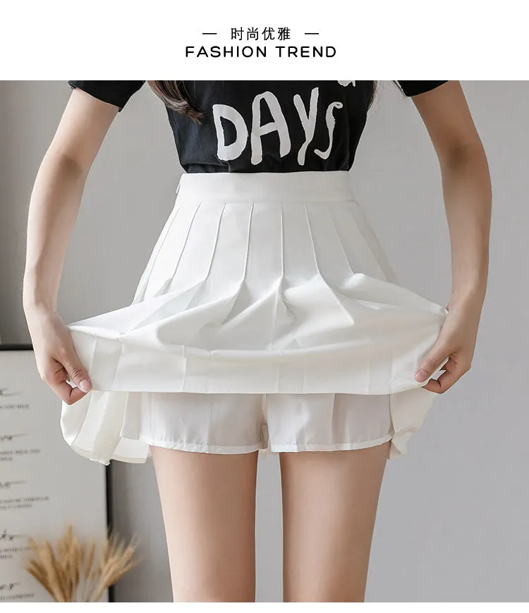 All-Matching Solid Colored Pleated Student A-Line Hip Flattering Anti-Exposed High Waist Women Summer Skirt