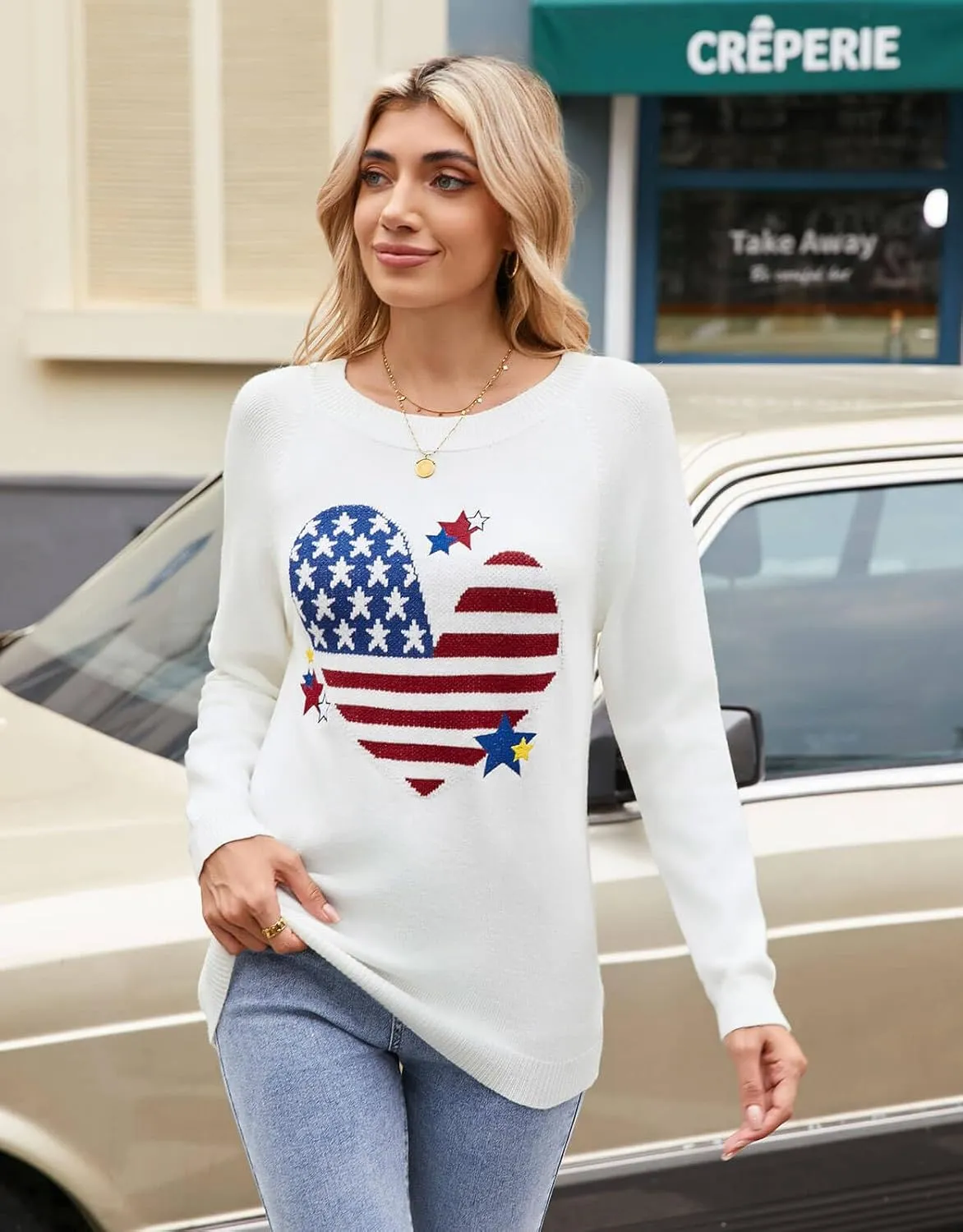 Alsol Lamesa Women's Cute Heart Sweater Long Sleeve Crewneck Pullover Ribbed Knit Casual Sweaters