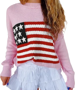 American Flag Sweater for Women Long Sleeve Hollow Out Knit Pullover Casual Loose 4th of July Jumper Tops