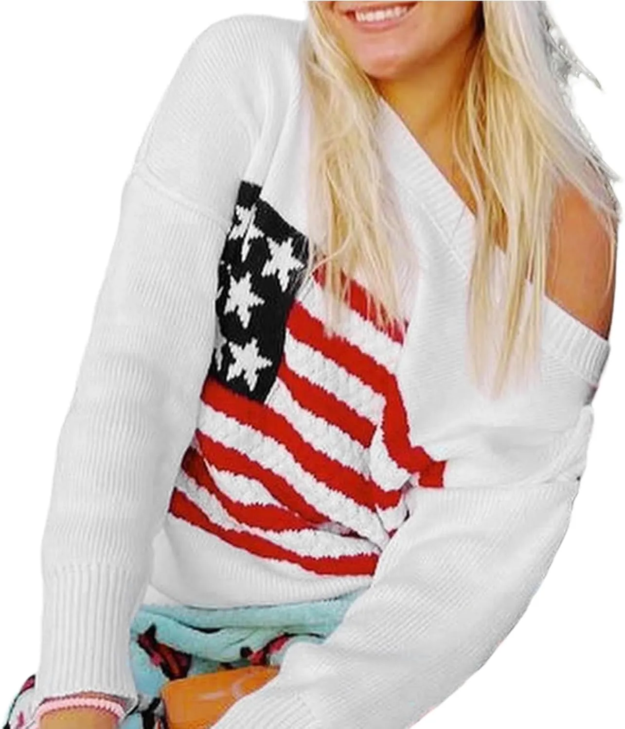 American Flag Sweater for Women Long Sleeve Hollow Out Knit Pullover Casual Loose 4th of July Jumper Tops