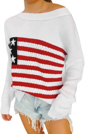 American Flag Sweater for Women Long Sleeve Hollow Out Knit Pullover Casual Loose 4th of July Jumper Tops