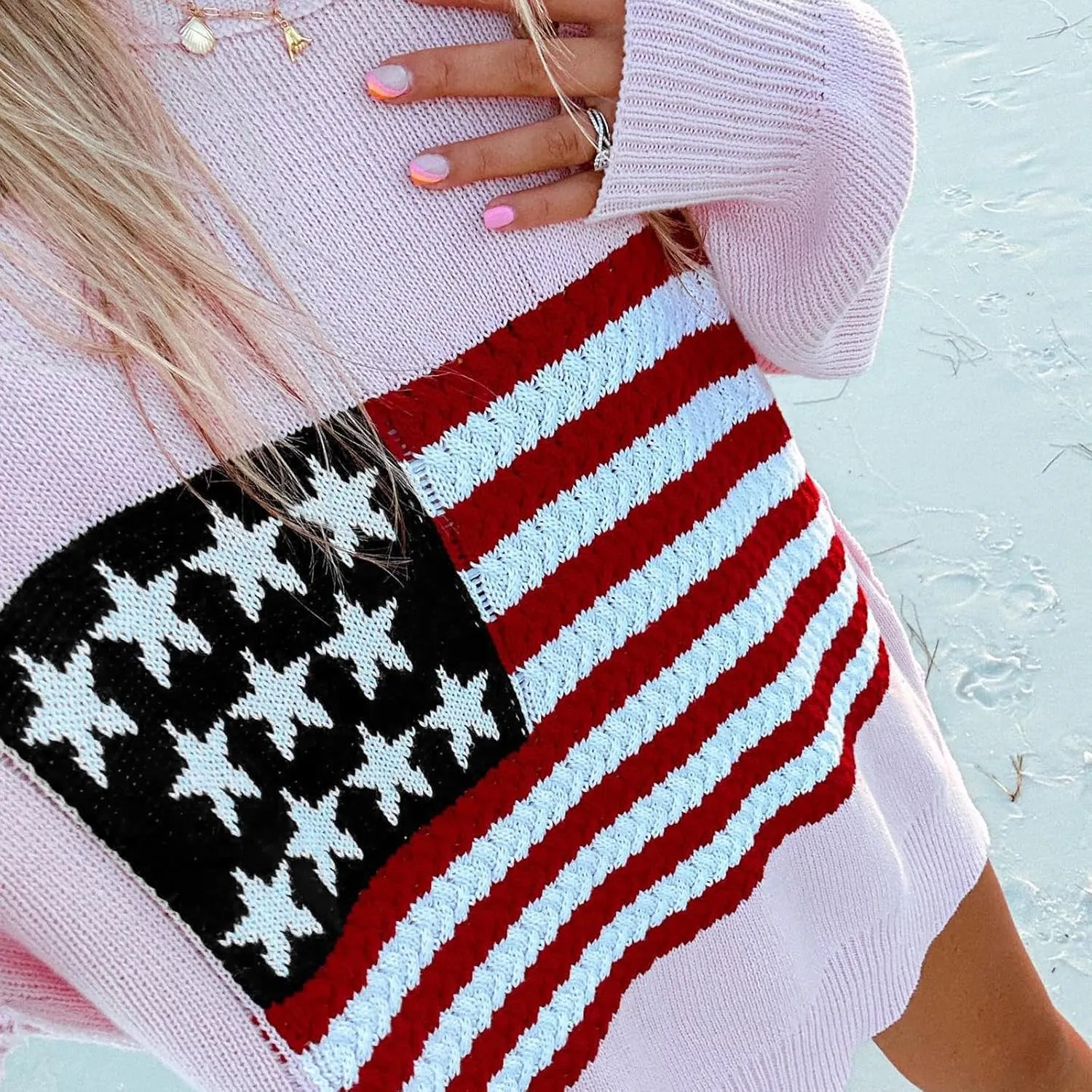 American Flag Sweater for Women Long Sleeve Hollow Out Knit Pullover Casual Loose 4th of July Jumper Tops