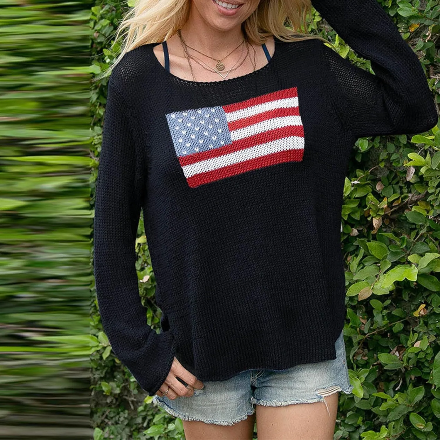 American Flag Sweater for Women Long Sleeve Hollow Out Knit Pullover Casual Loose 4th of July Jumper Tops