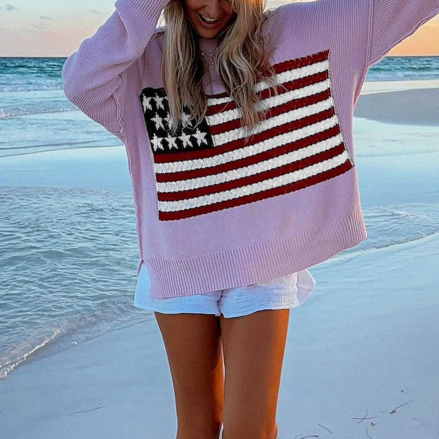 American Flag Sweater for Women Long Sleeve Hollow Out Knit Pullover Casual Loose 4th of July Jumper Tops