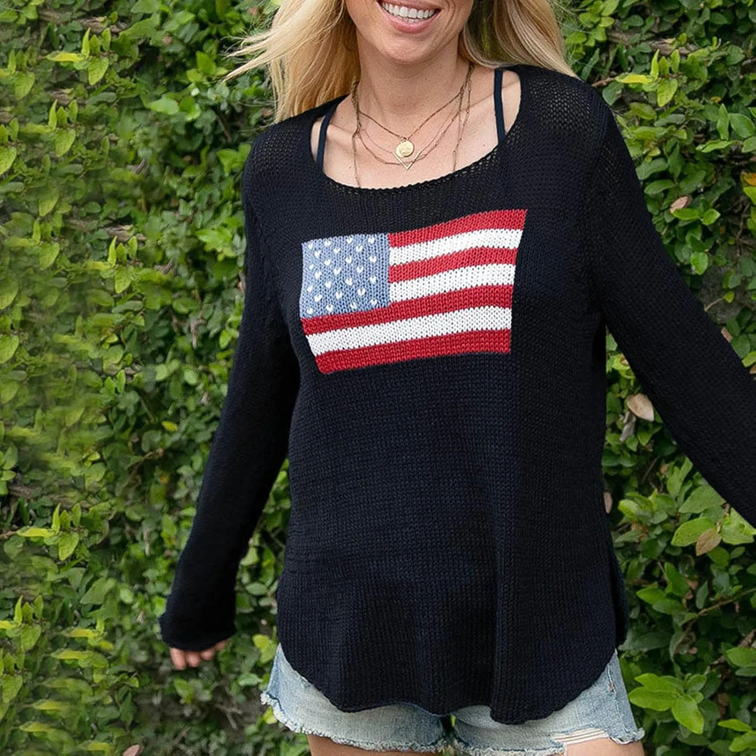 American Flag Sweater for Women Long Sleeve Hollow Out Knit Pullover Casual Loose 4th of July Jumper Tops
