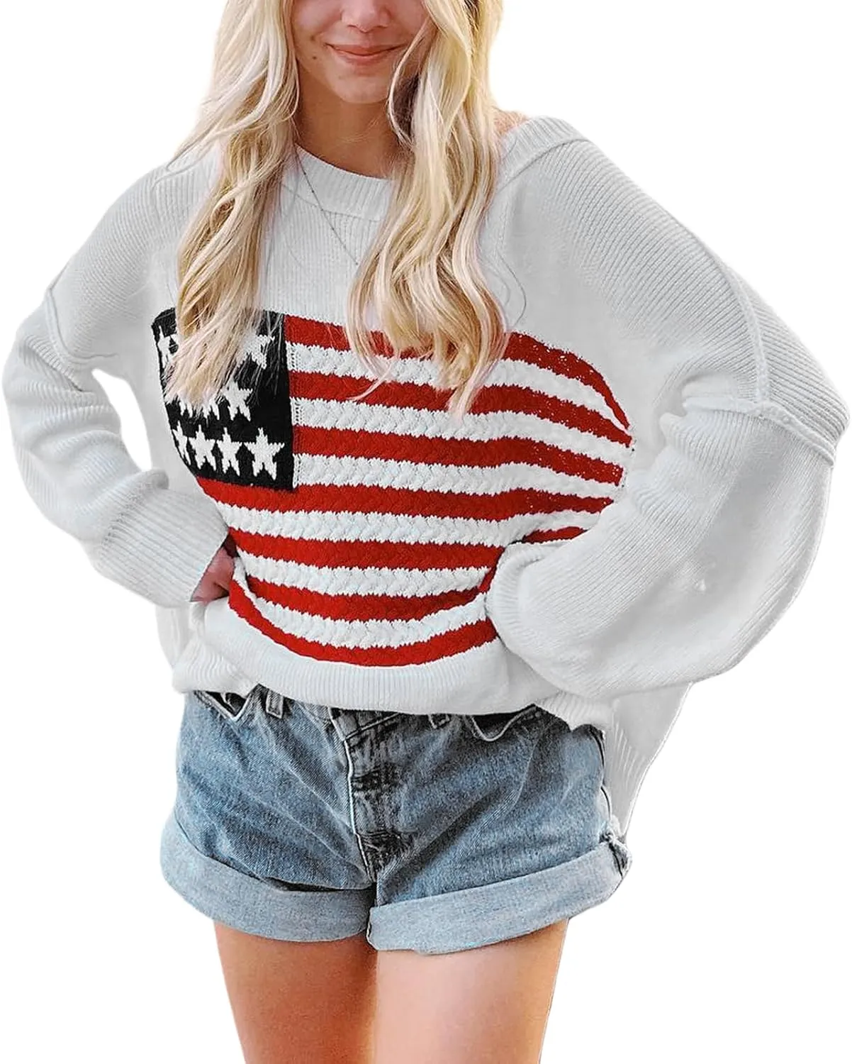 American Flag Sweater for Women Long Sleeve Hollow Out Knit Pullover Casual Loose 4th of July Jumper Tops