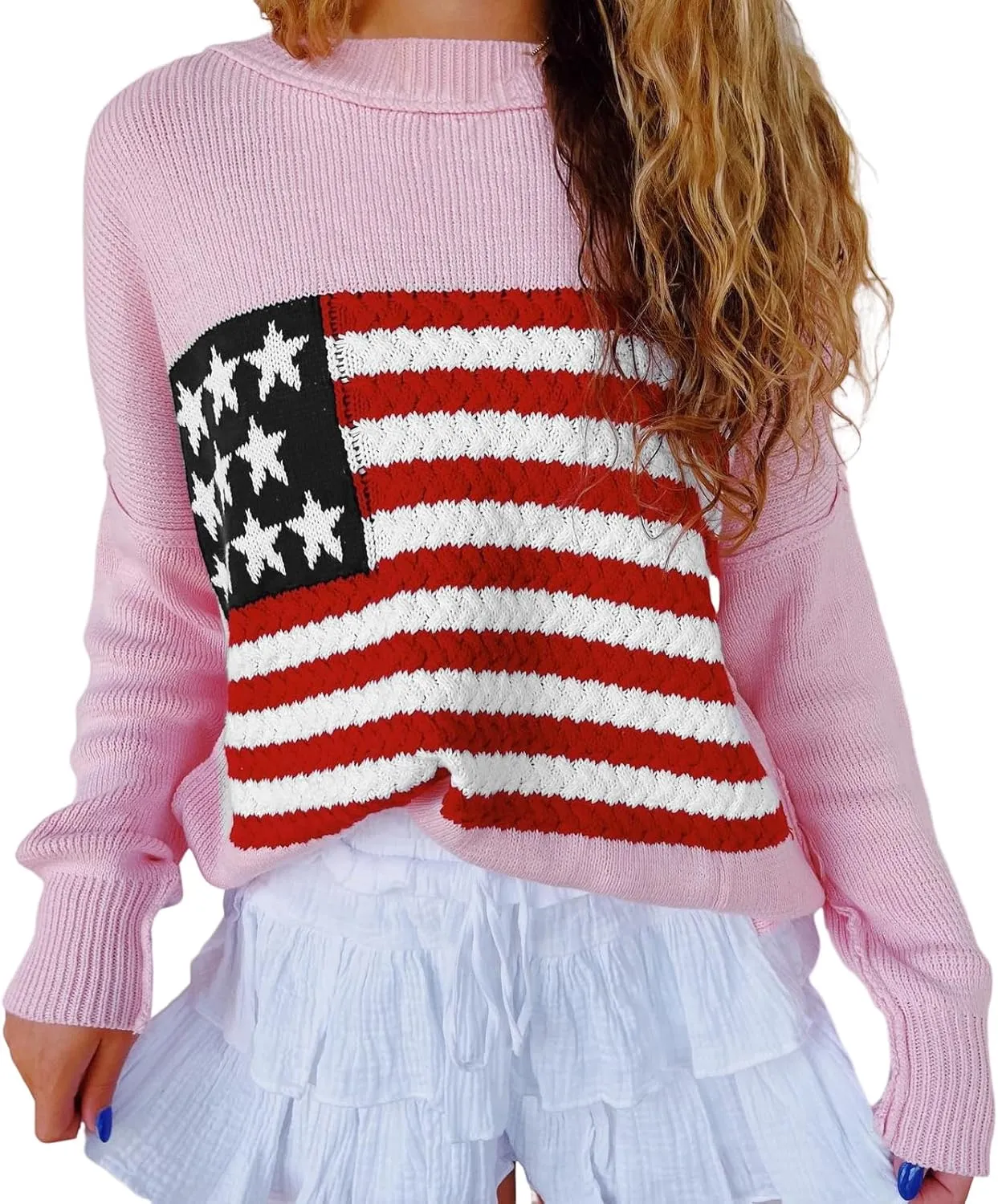 American Flag Sweater for Women Long Sleeve Hollow Out Knit Pullover Casual Loose 4th of July Jumper Tops