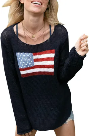 American Flag Sweater for Women Long Sleeve Hollow Out Knit Pullover Casual Loose 4th of July Jumper Tops
