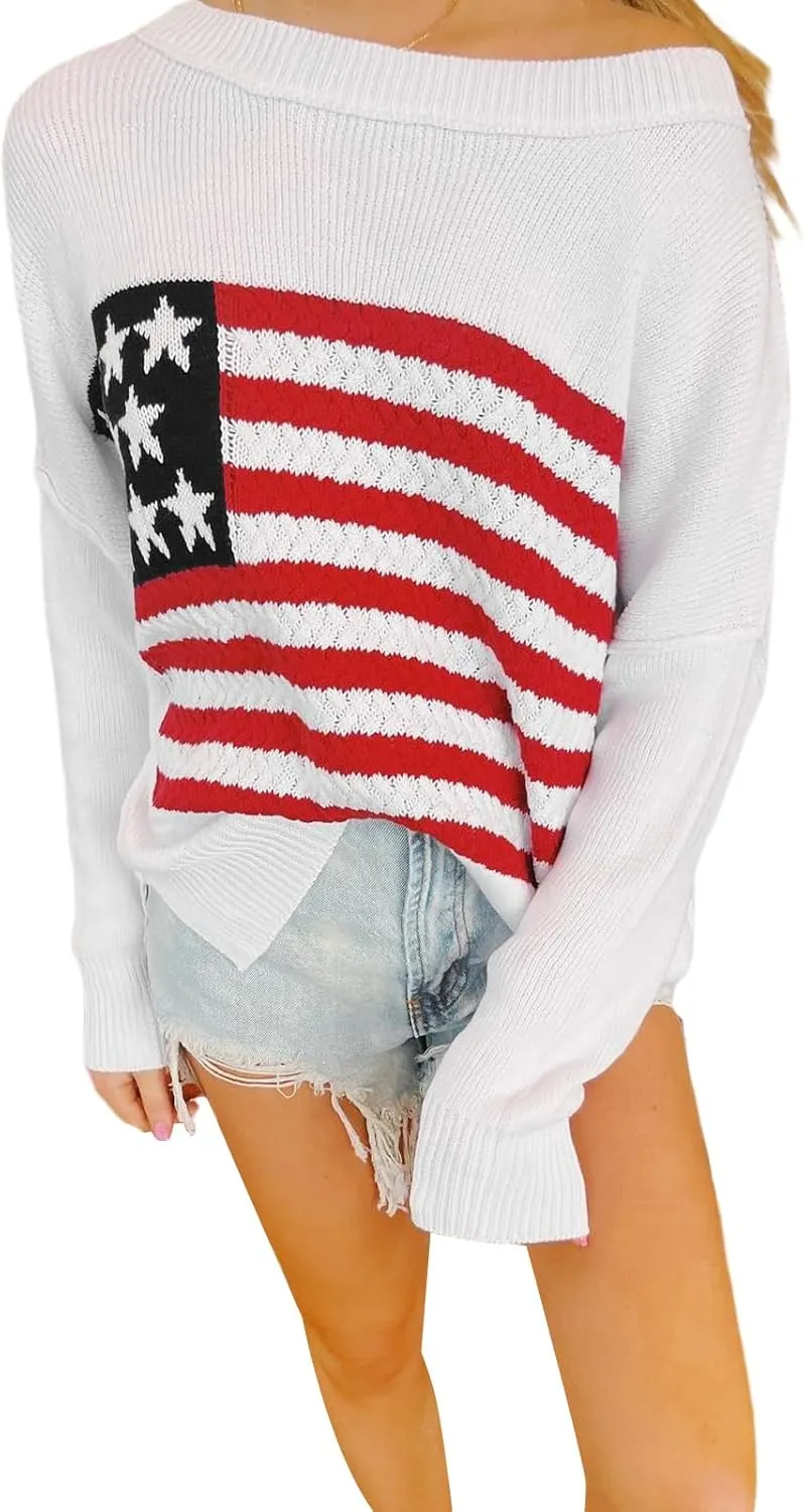 American Flag Sweater for Women Long Sleeve Hollow Out Knit Pullover Casual Loose 4th of July Jumper Tops
