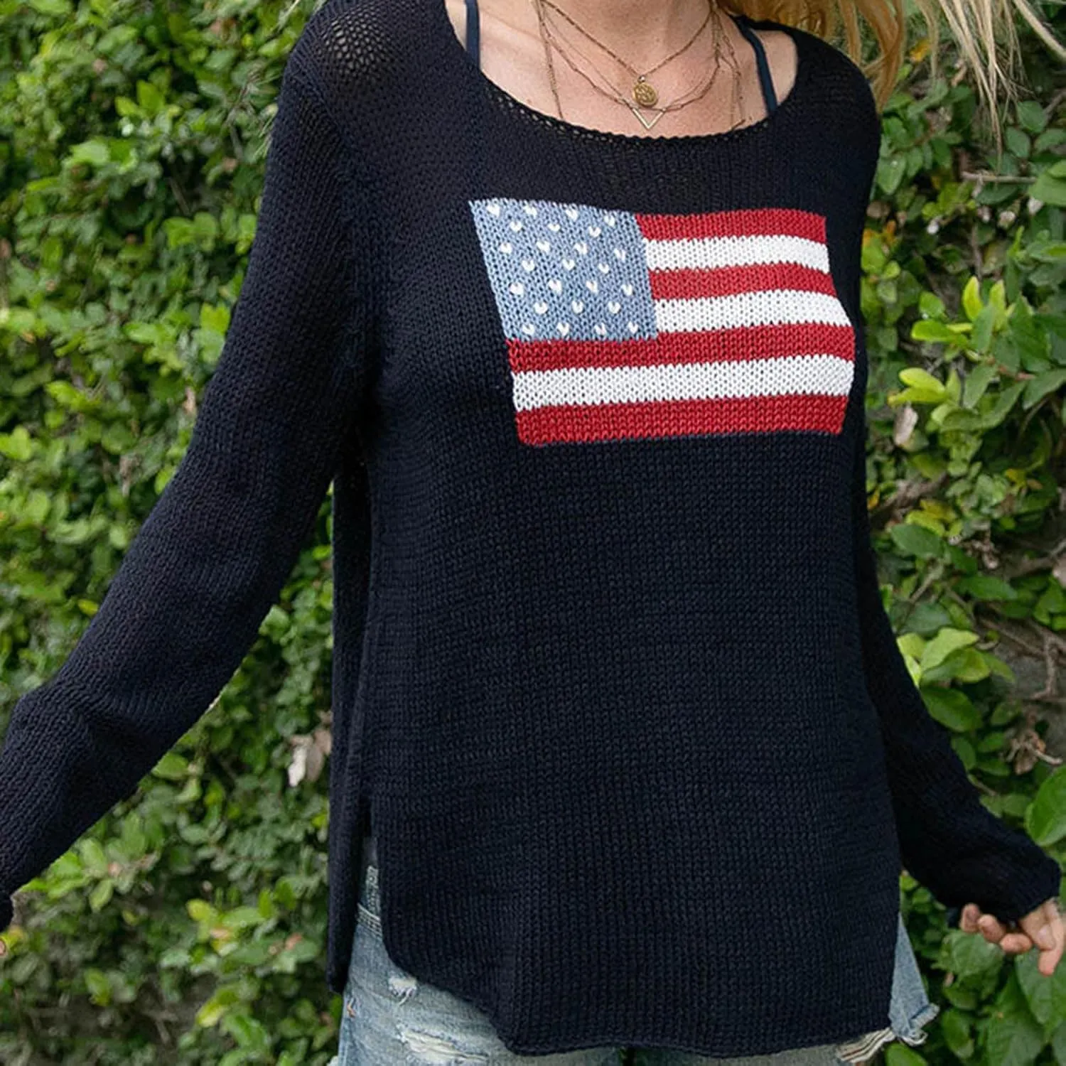 American Flag Sweater for Women Long Sleeve Hollow Out Knit Pullover Casual Loose 4th of July Jumper Tops