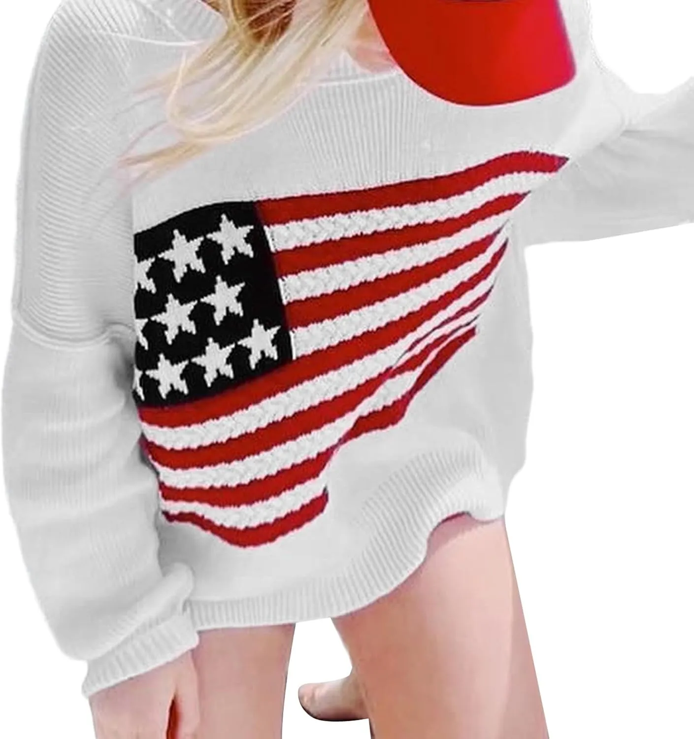 American Flag Sweater for Women Long Sleeve Hollow Out Knit Pullover Casual Loose 4th of July Jumper Tops