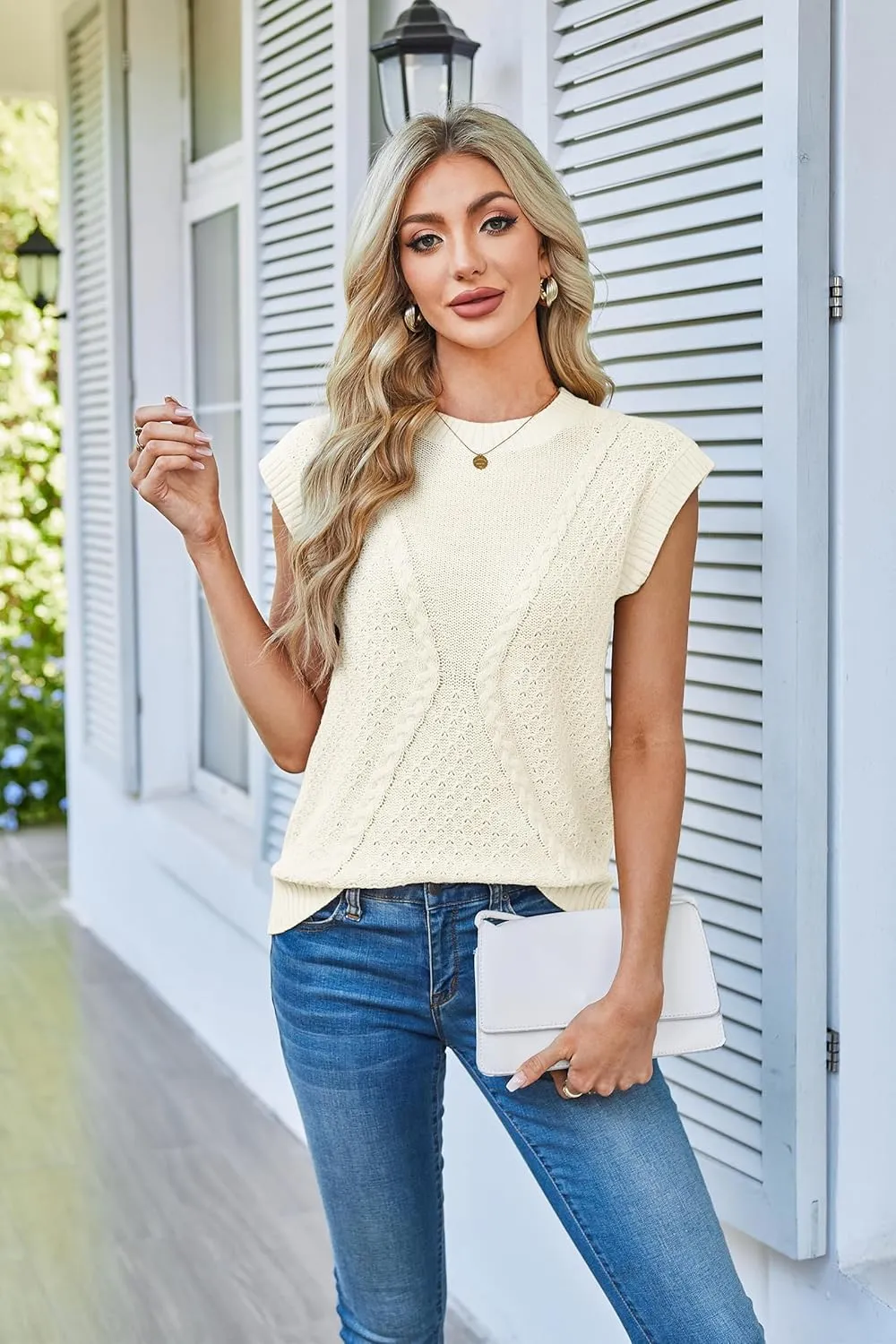 Arach&Cloz Womens Spring Sweater Vest 2025 Cap Sleeve Crew Neck Casual Tops Cable Knit Crochet Loose Fit Summer Outfits