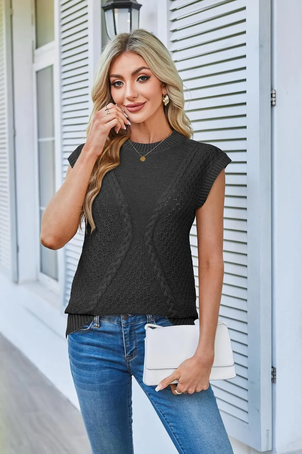 Arach&Cloz Womens Spring Sweater Vest 2025 Cap Sleeve Crew Neck Casual Tops Cable Knit Crochet Loose Fit Summer Outfits