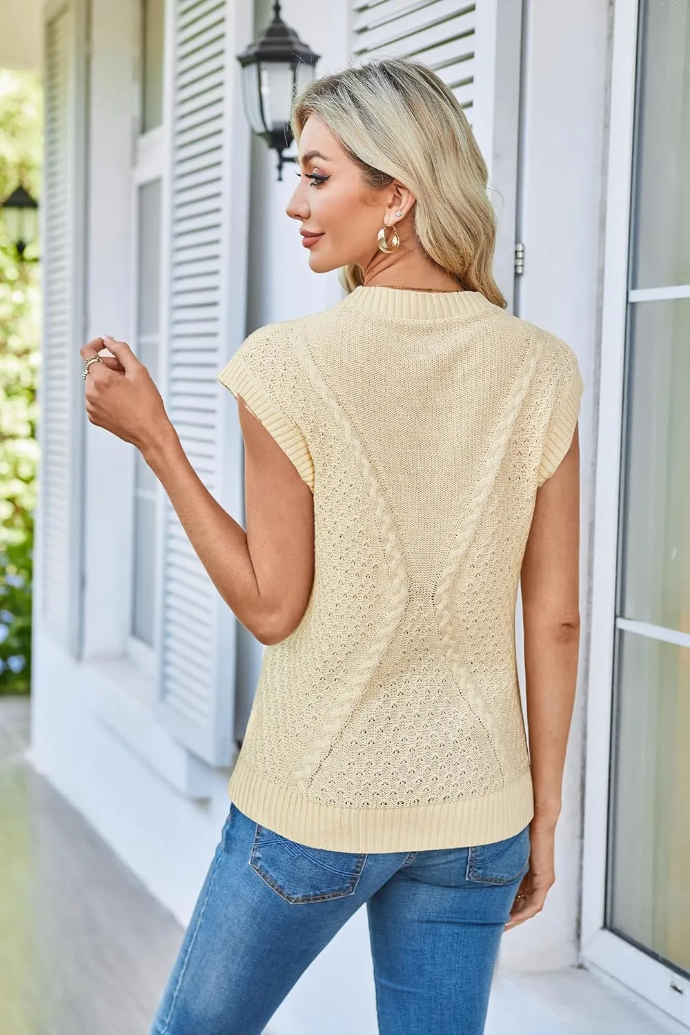Arach&Cloz Womens Spring Sweater Vest 2025 Cap Sleeve Crew Neck Casual Tops Cable Knit Crochet Loose Fit Summer Outfits