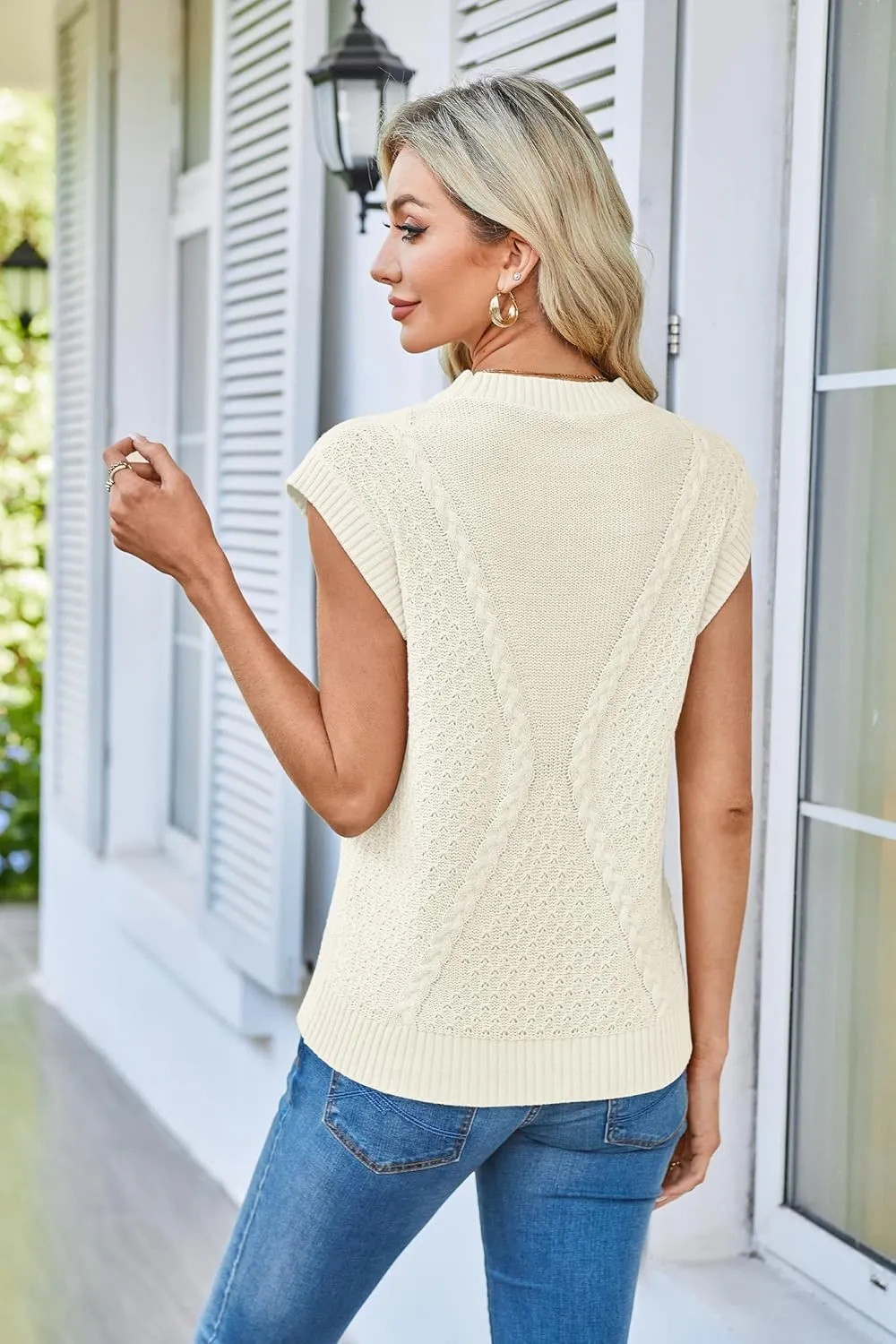 Arach&Cloz Womens Spring Sweater Vest 2025 Cap Sleeve Crew Neck Casual Tops Cable Knit Crochet Loose Fit Summer Outfits