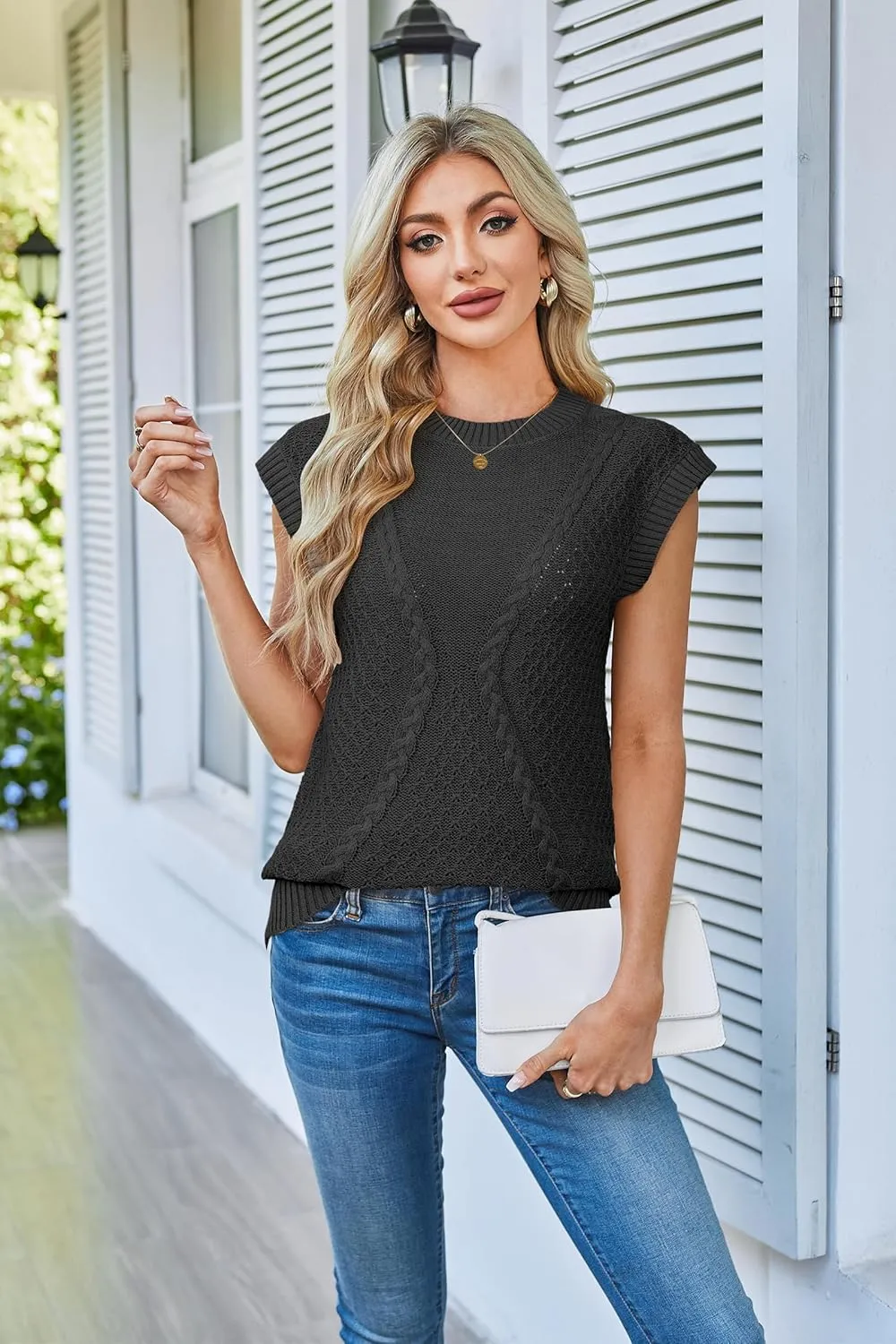 Arach&Cloz Womens Spring Sweater Vest 2025 Cap Sleeve Crew Neck Casual Tops Cable Knit Crochet Loose Fit Summer Outfits