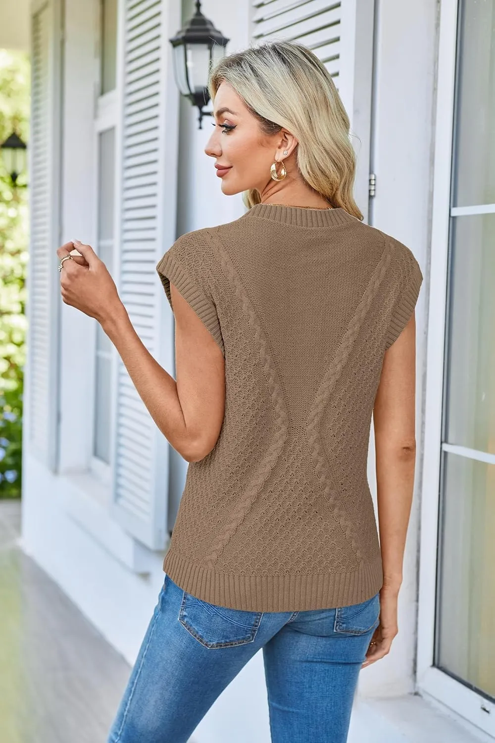 Arach&Cloz Womens Spring Sweater Vest 2025 Cap Sleeve Crew Neck Casual Tops Cable Knit Crochet Loose Fit Summer Outfits