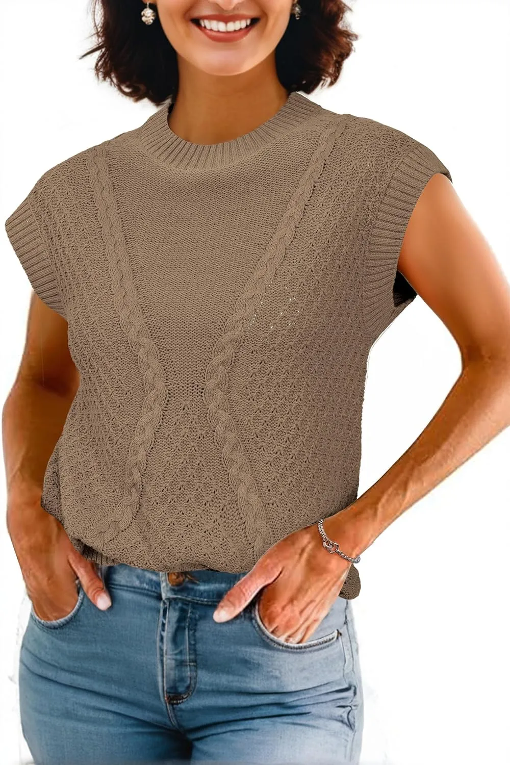 Arach&Cloz Womens Spring Sweater Vest 2025 Cap Sleeve Crew Neck Casual Tops Cable Knit Crochet Loose Fit Summer Outfits