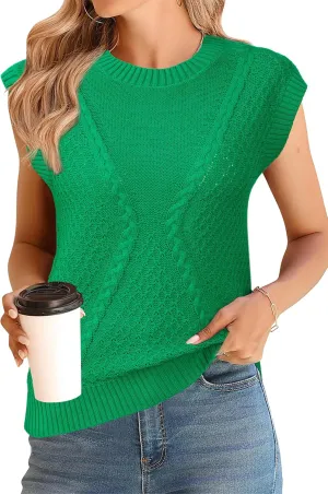 Arach&Cloz Womens Spring Sweater Vest 2025 Cap Sleeve Crew Neck Casual Tops Cable Knit Crochet Loose Fit Summer Outfits
