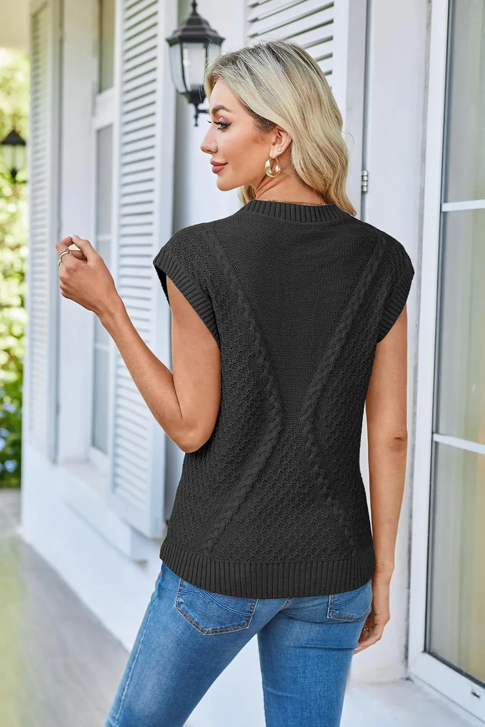 Arach&Cloz Womens Spring Sweater Vest 2025 Cap Sleeve Crew Neck Casual Tops Cable Knit Crochet Loose Fit Summer Outfits