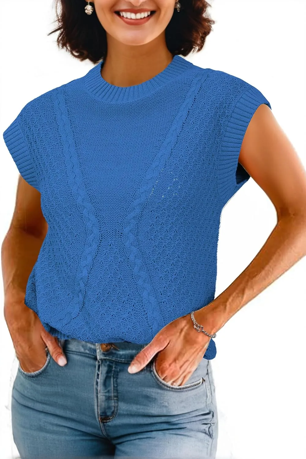 Arach&Cloz Womens Spring Sweater Vest 2025 Cap Sleeve Crew Neck Casual Tops Cable Knit Crochet Loose Fit Summer Outfits