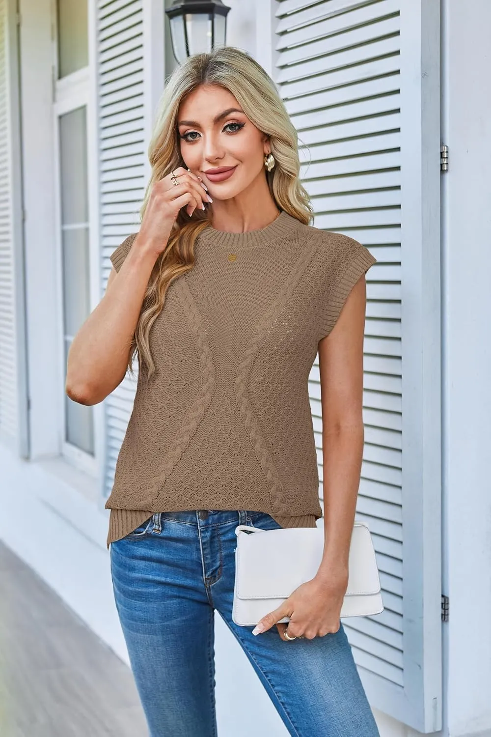Arach&Cloz Womens Spring Sweater Vest 2025 Cap Sleeve Crew Neck Casual Tops Cable Knit Crochet Loose Fit Summer Outfits