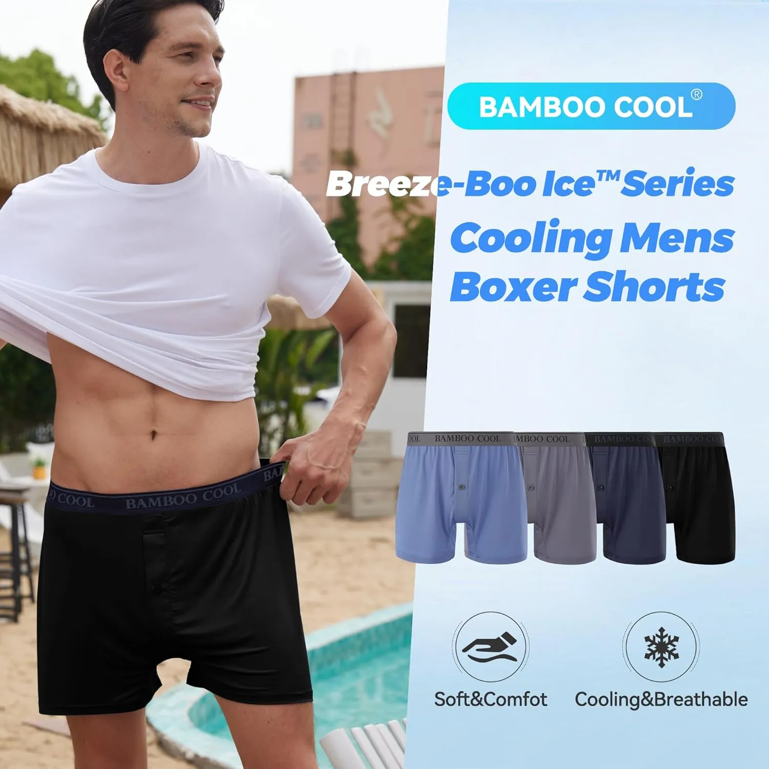 BAMBOO COOL Men's Boxer Shorts Cooling Underwear for men Soft Breathable Boxer Classic Loose Stretch Knit Short 3 Pack