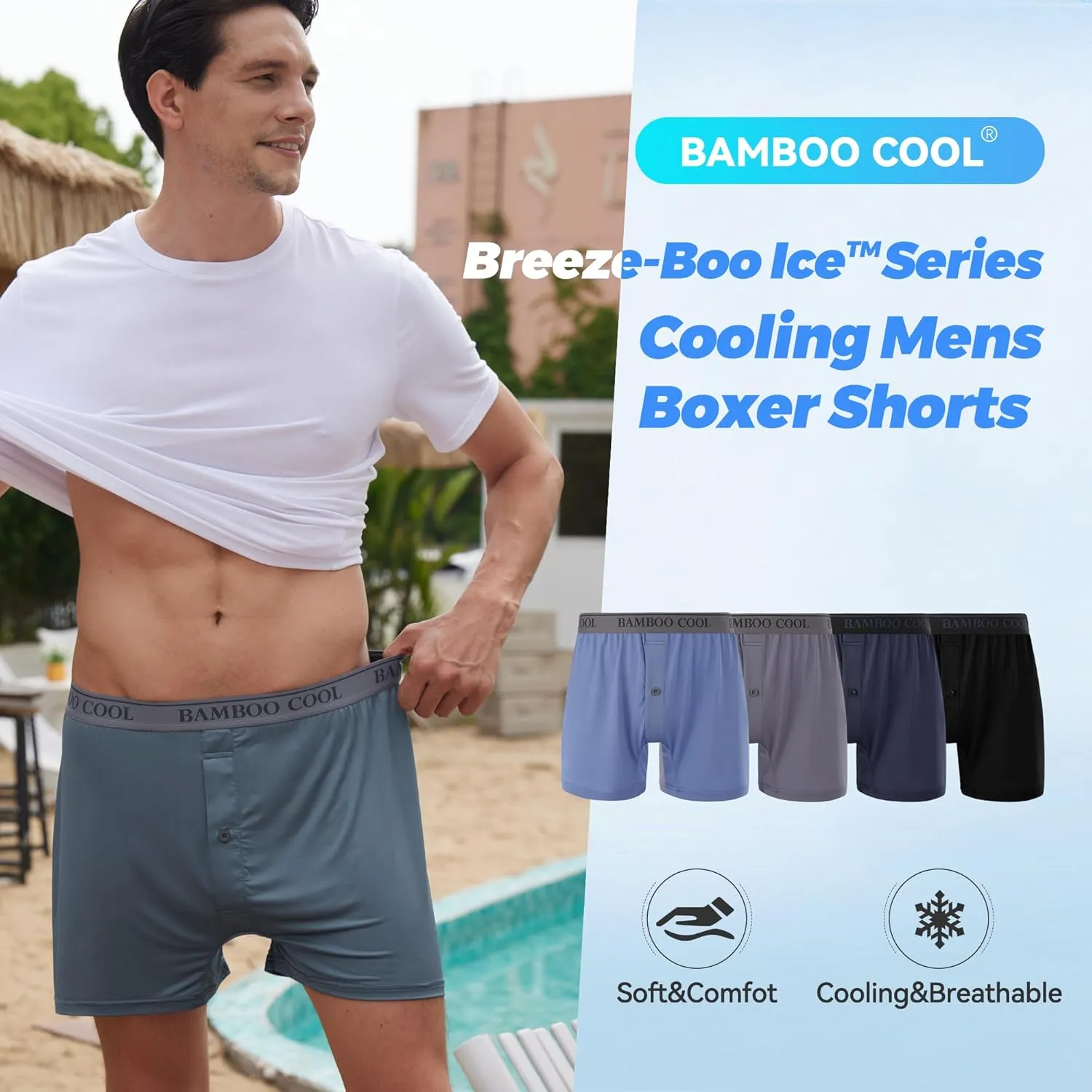 BAMBOO COOL Men's Boxer Shorts Cooling Underwear for men Soft Breathable Boxer Classic Loose Stretch Knit Short 3 Pack