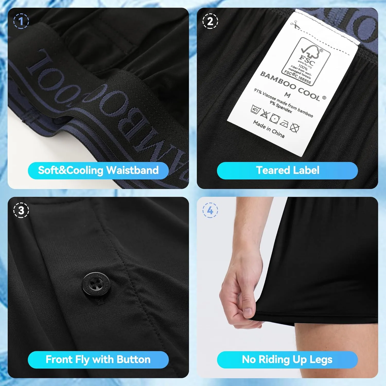 BAMBOO COOL Men's Boxer Shorts Cooling Underwear for men Soft Breathable Boxer Classic Loose Stretch Knit Short 3 Pack