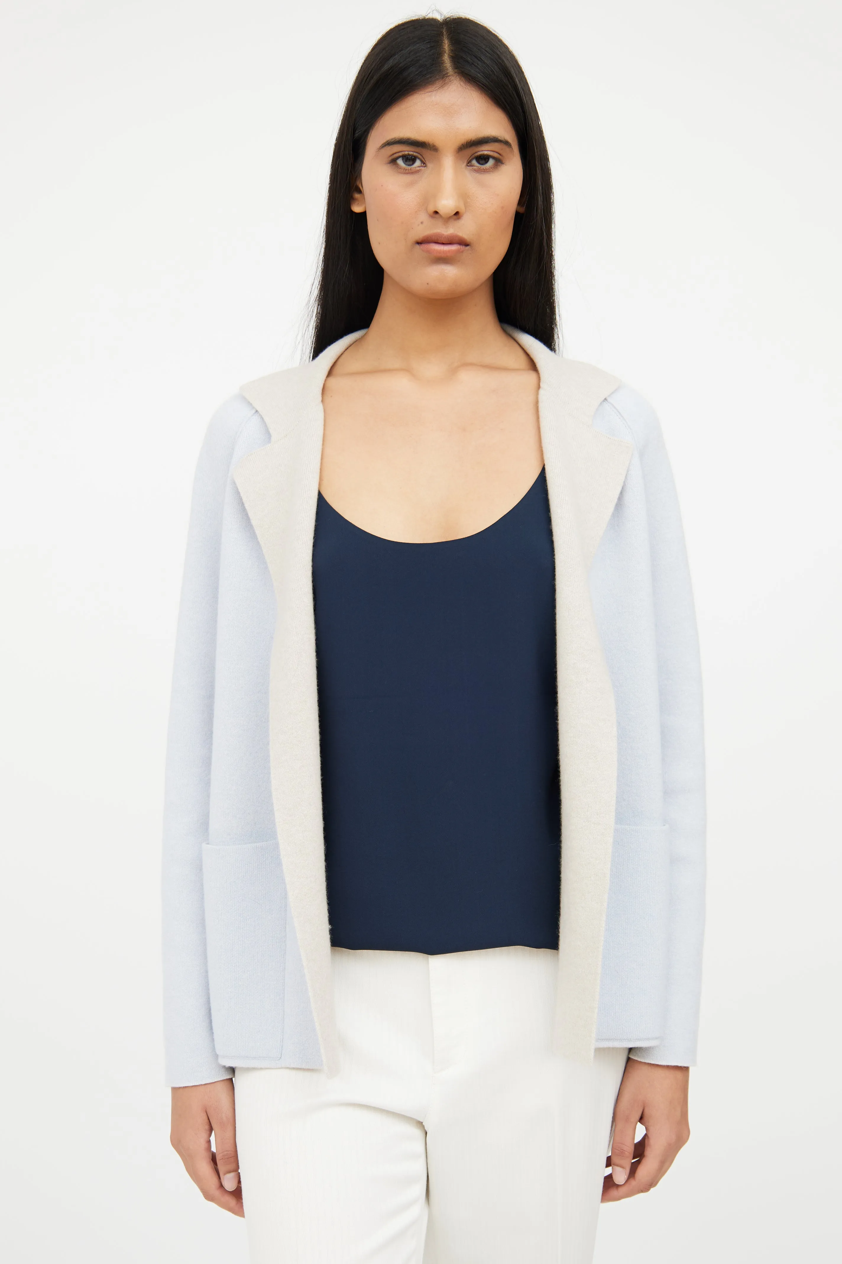 Beige & Blue Cashmere Reversible Knit Cardigan
