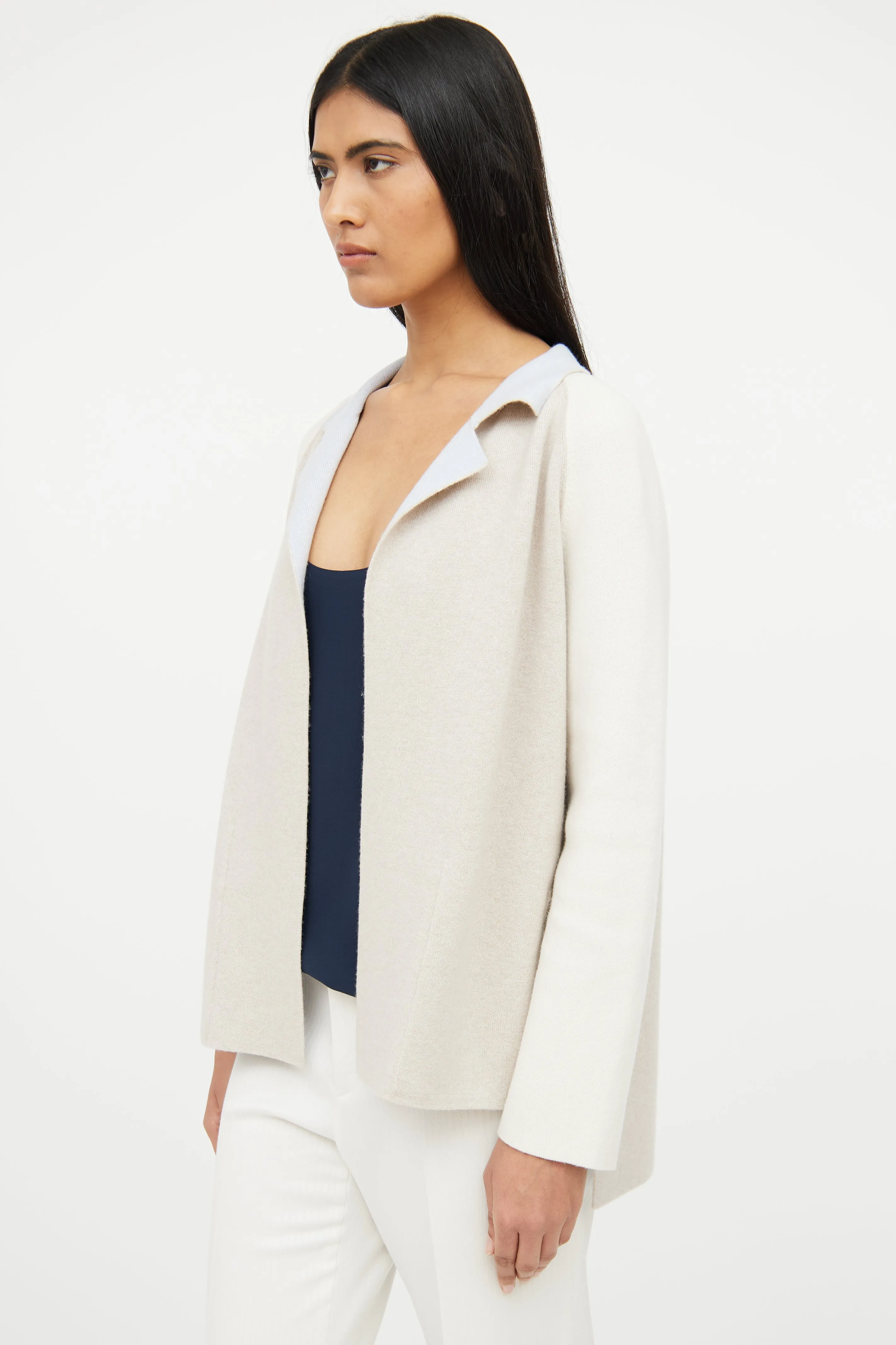 Beige & Blue Cashmere Reversible Knit Cardigan