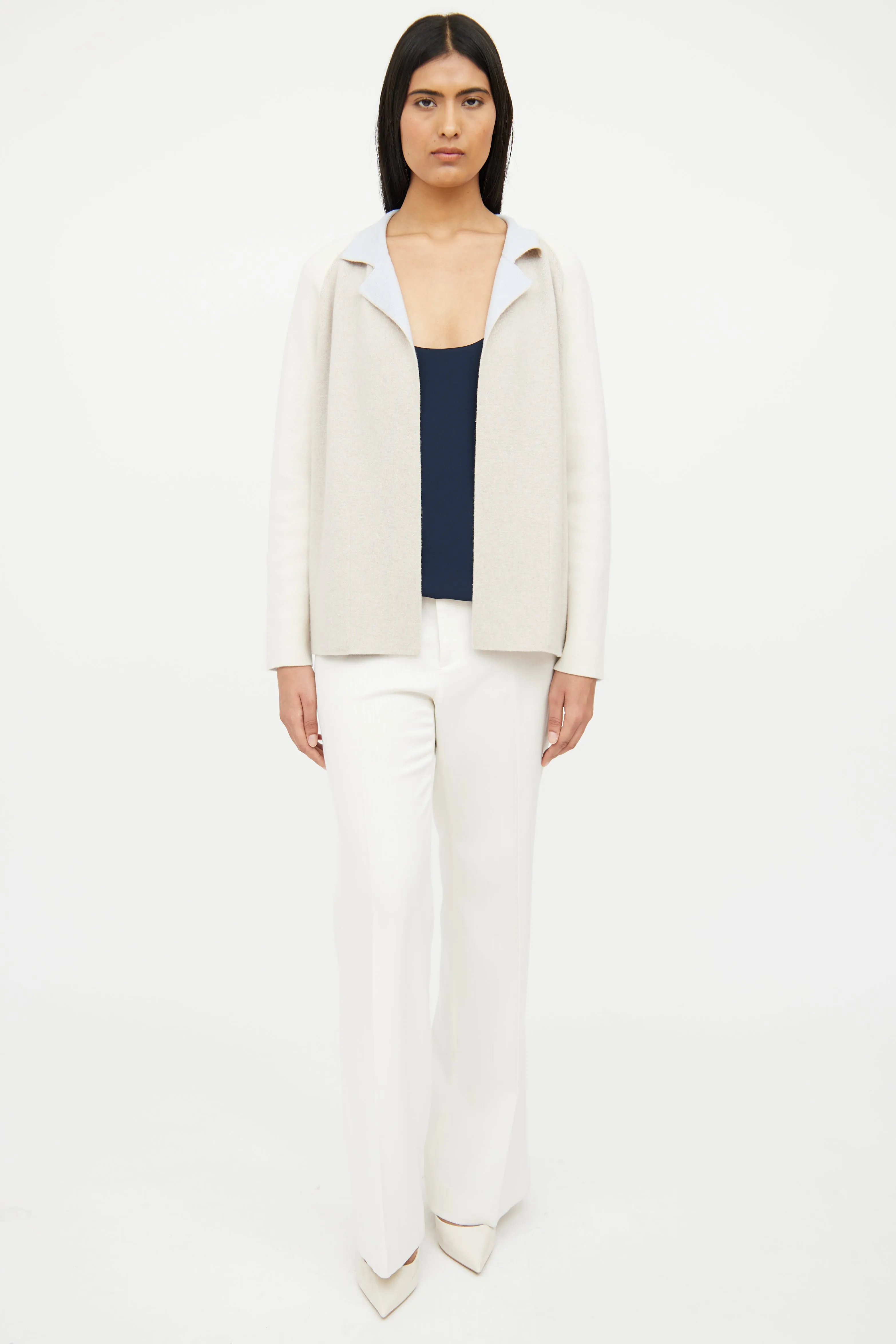 Beige & Blue Cashmere Reversible Knit Cardigan