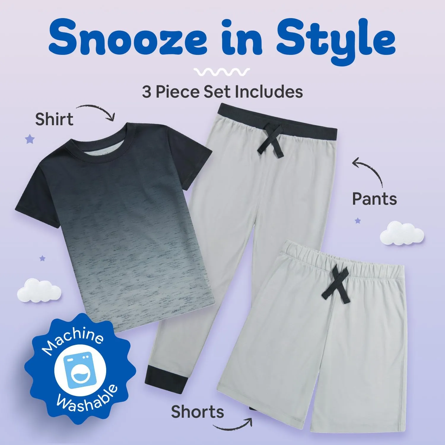 Boys Pajamas Set, 3-Piece Boys Sleepwear Pjs, Loose Fit, Soft, Breathable, Teens and Kids - Size 7-8, 10-12, 14-16