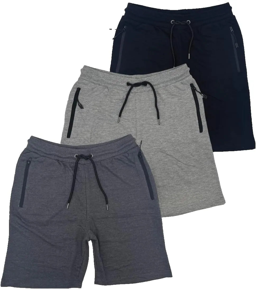 BROOKLYN VERTICAL Mens 3 Pack Fleece Cotton Active Jogger Shorts with Zipper Pockets and Drawstring | Size S-2XL