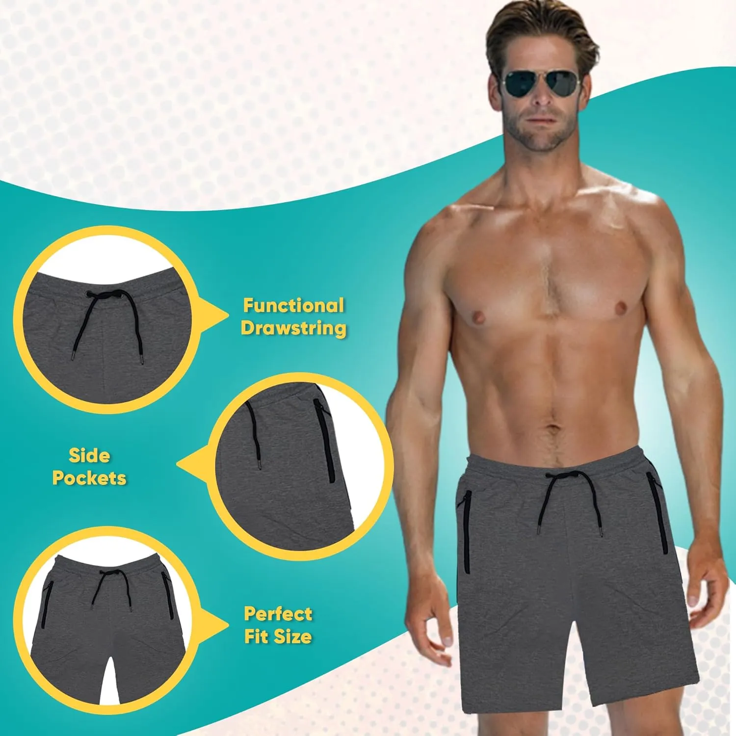 BROOKLYN VERTICAL Mens 3 Pack Fleece Cotton Active Jogger Shorts with Zipper Pockets and Drawstring | Size S-2XL