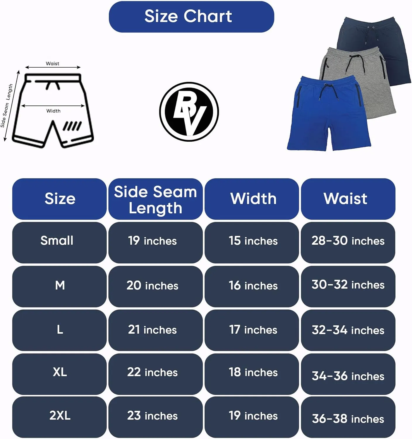 BROOKLYN VERTICAL Mens 3 Pack Fleece Cotton Active Jogger Shorts with Zipper Pockets and Drawstring | Size S-2XL