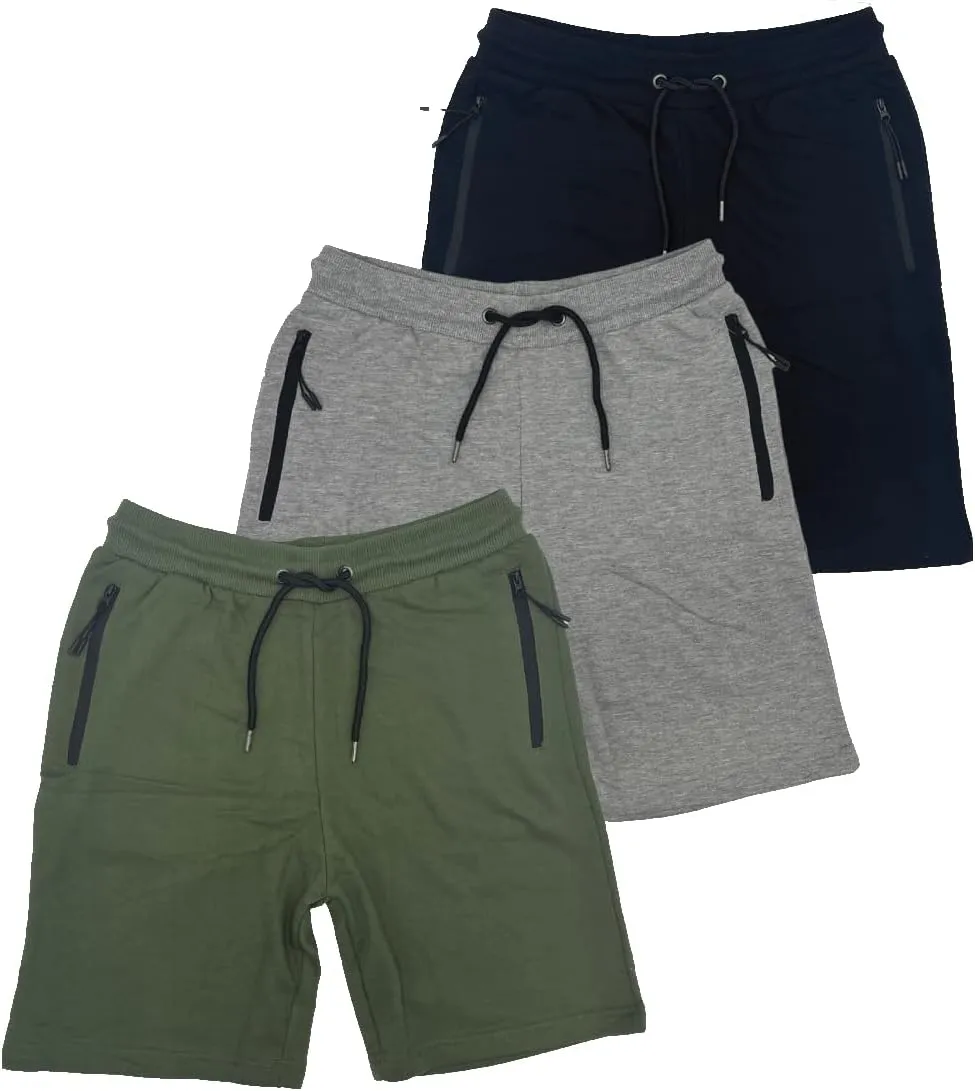 BROOKLYN VERTICAL Mens 3 Pack Fleece Cotton Active Jogger Shorts with Zipper Pockets and Drawstring | Size S-2XL