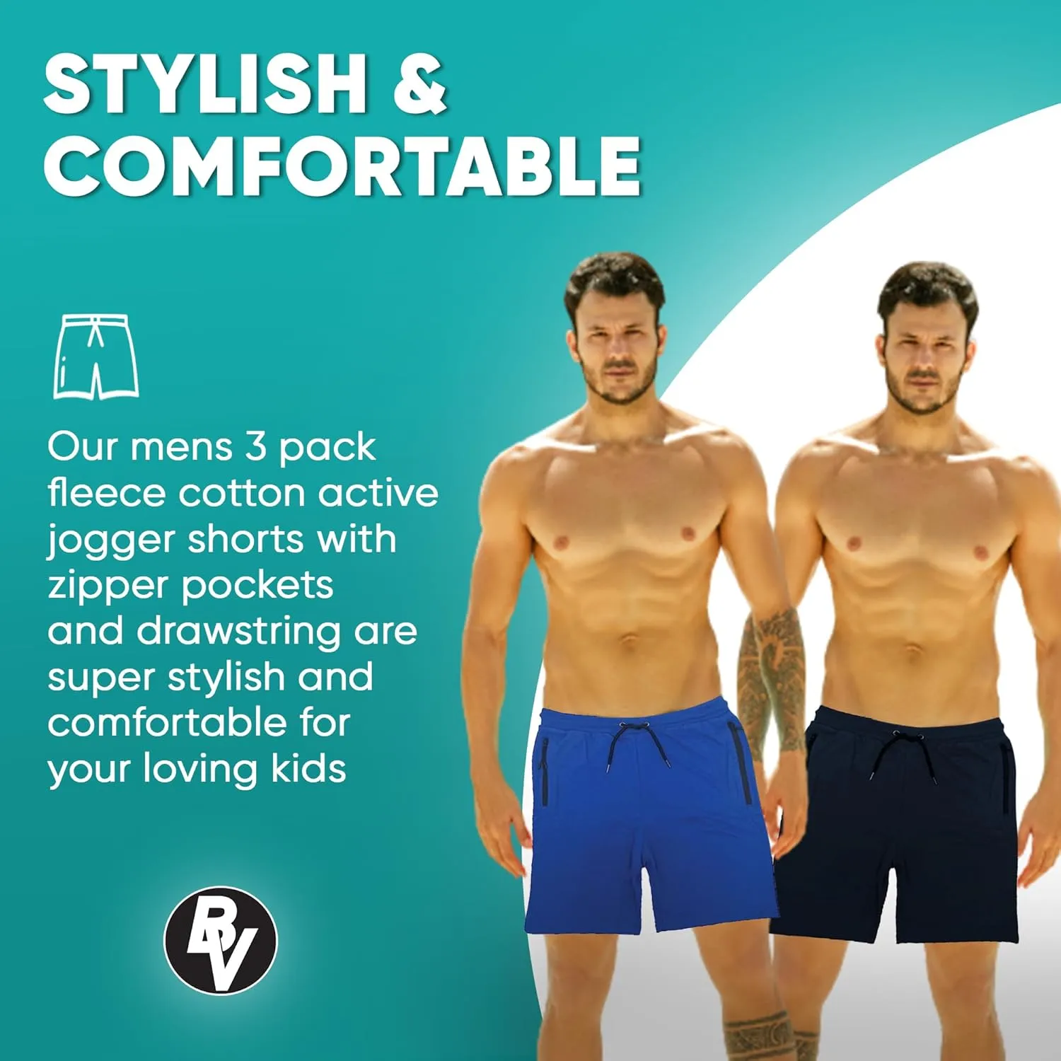 BROOKLYN VERTICAL Mens 3 Pack Fleece Cotton Active Jogger Shorts with Zipper Pockets and Drawstring | Size S-2XL