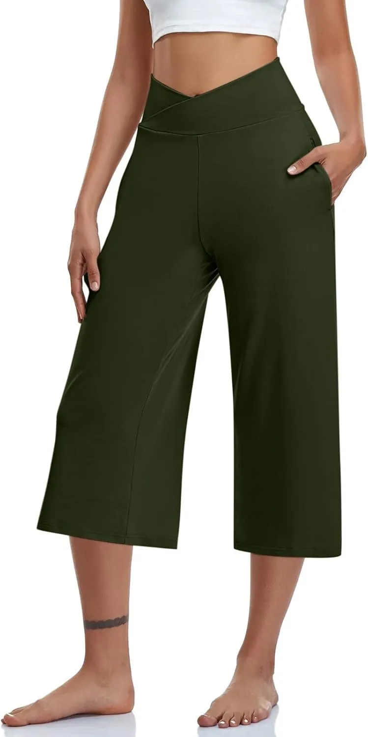 Capri Pants for Women Crossover Wide Leg Yoga Capris Tummy Control Yoga Capris with Pockets Casual Cropped Pants