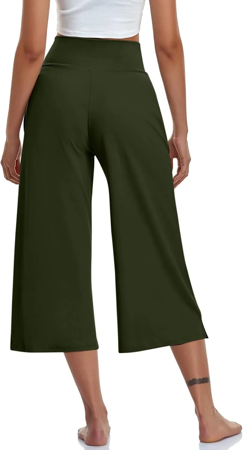 Capri Pants for Women Crossover Wide Leg Yoga Capris Tummy Control Yoga Capris with Pockets Casual Cropped Pants