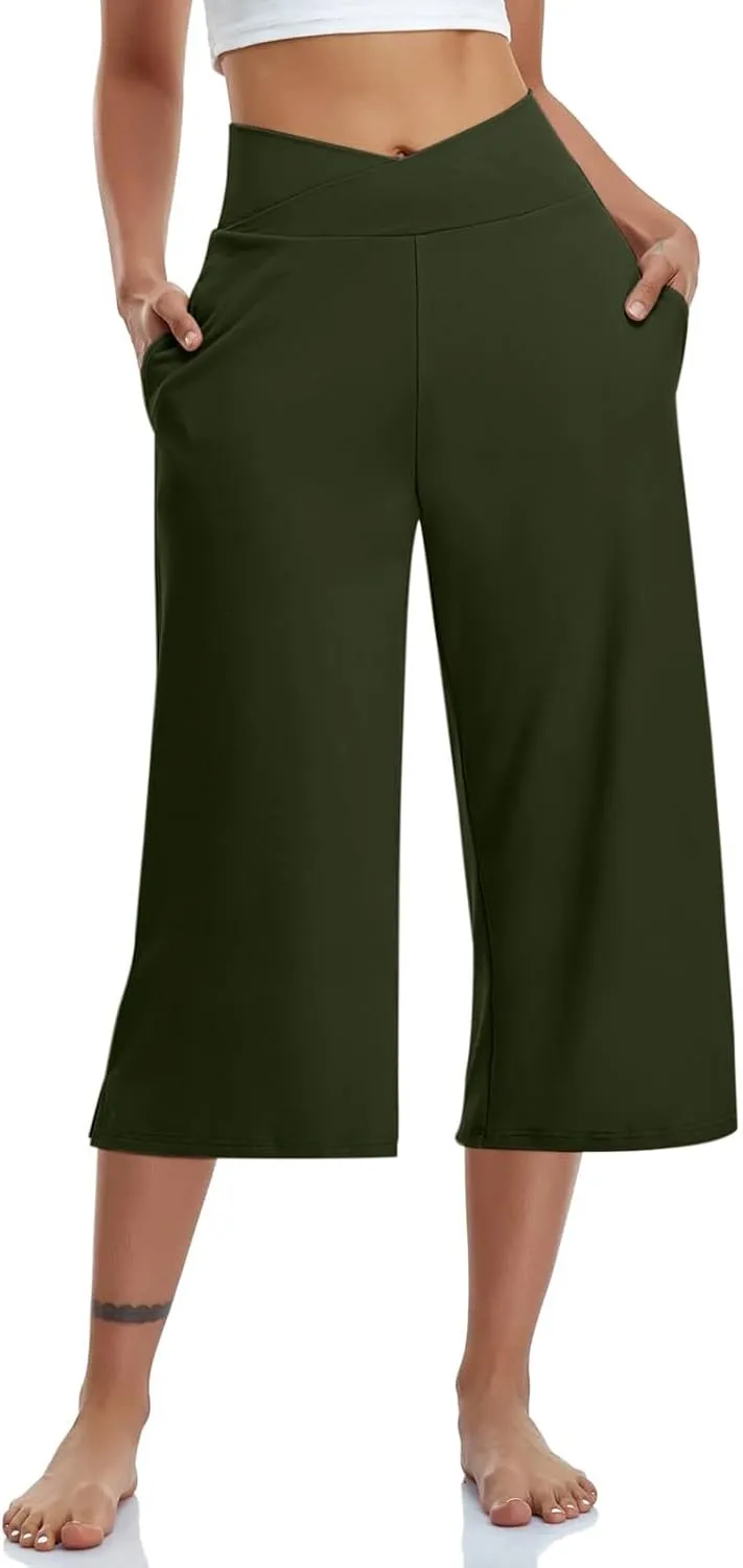 Capri Pants for Women Crossover Wide Leg Yoga Capris Tummy Control Yoga Capris with Pockets Casual Cropped Pants