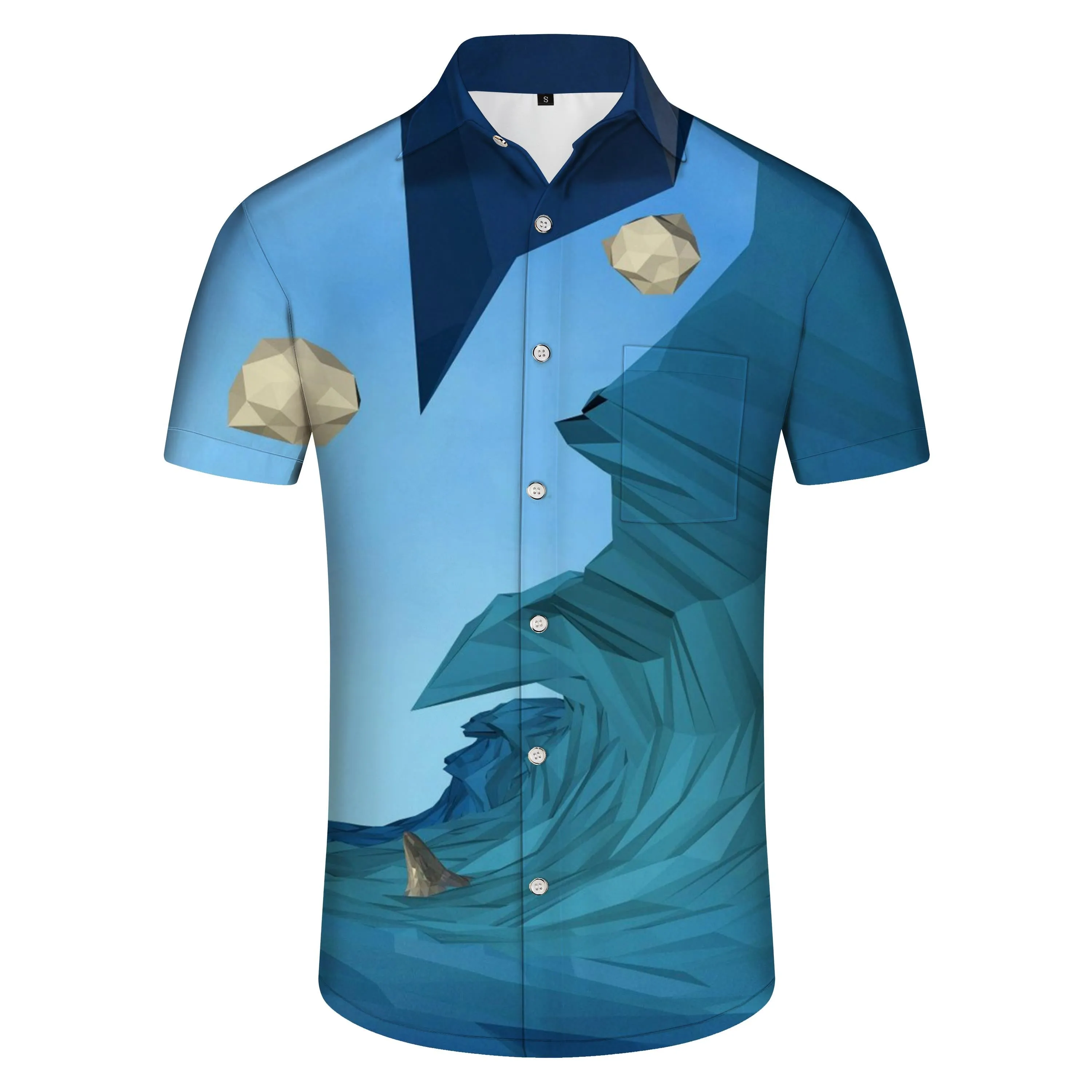 Cartoon 3d printed pattern men's casual lapel short sleeve ocean tropical Hawaiian shirt blue